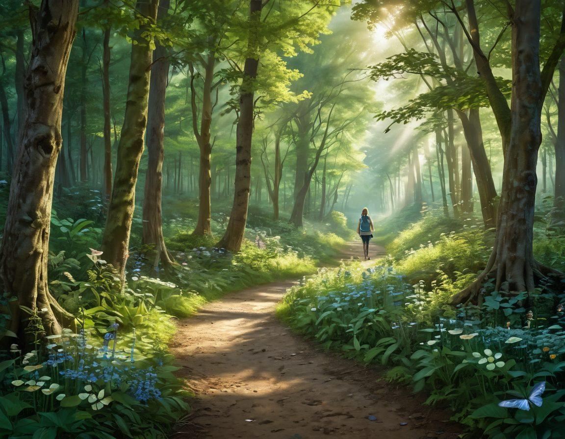 A serene landscape depicting a path through a lush green forest, symbolizing the journey from diagnosis to recovery. Along the path, symbols of hope like butterflies and blooming flowers represent resilience, while soft sunlight filters through the trees, casting gentle light. Include diverse figures walking together, representing support and community. super-realistic. vibrant colors. ethereal atmosphere.
