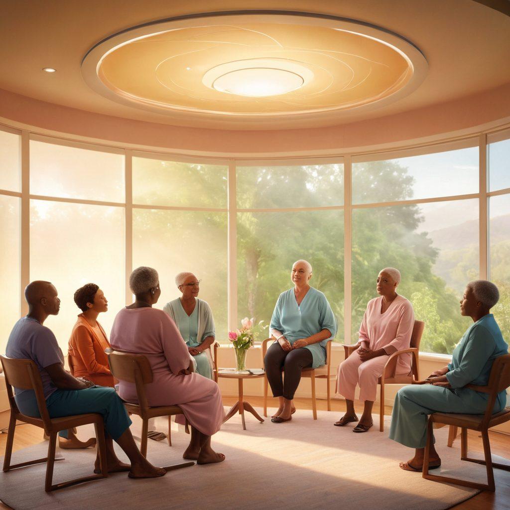 A serene and hopeful scene depicting a diverse group of cancer patients and caregivers in a supportive circle, showcasing various treatment options like chemotherapy and emotional support. Illuminating rays of light symbolize hope and healing, while medical charts and natural elements contrast the clinical environment with warmth. The background gently fades into a soothing color palette to evoke comfort and resilience. super-realistic. vibrant colors. soft focus.