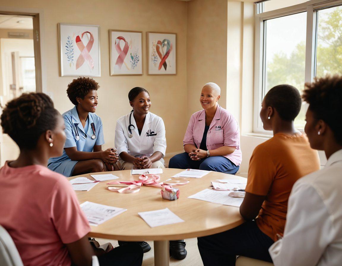 A strong and compassionate healthcare professional guiding a diverse group of cancer patients through a supportive discussion circle, surrounded by symbols of hope like ribbons and light. The scene is filled with natural light and warmth, highlighting the connection amongst individuals embracing resilience and empowerment, with elements representing awareness and support. super-realistic. vibrant colors. warm tones.